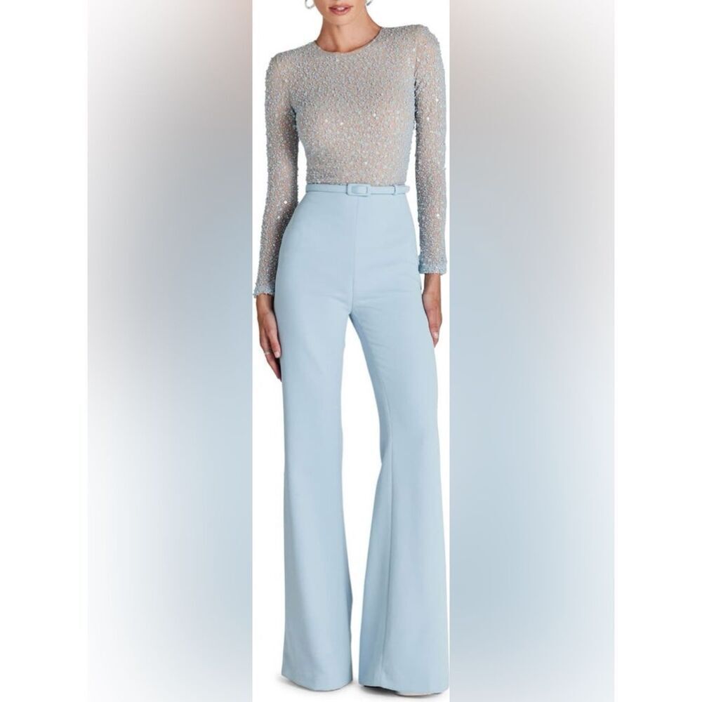 NADINE MERABI Misha Beaded Long Sleeve Wide Leg Jumpsuit-Powder Blue Size XL/12
